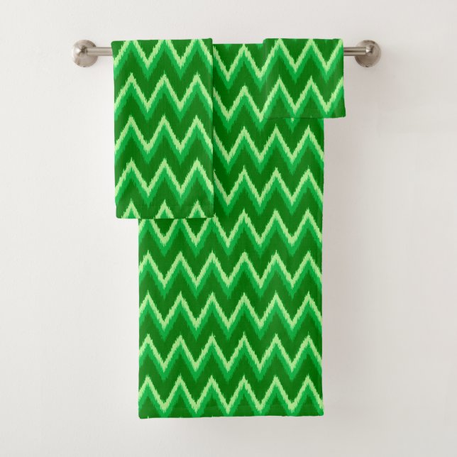 Ikat Chevron Stripes - Pine and Lime Green Bath Towel Set (Insitu)