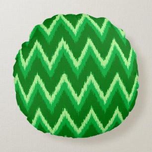 Ikat Chevron Stripes - Pine and Lime Green Round Cushion