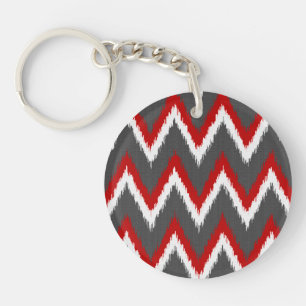 Ikat Chevron Stripes - Red, White and Grey / Gray  Key Ring