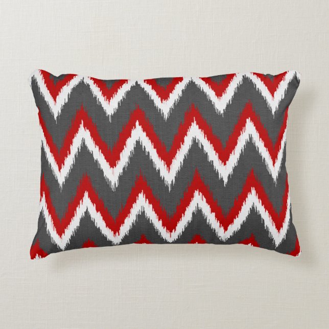 Ikat Chevron Stripes - Red, White and Grey / Grey Decorative Cushion (Front)