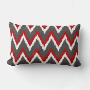 Ikat Chevron Stripes - Red, White and Grey / Grey Lumbar Cushion