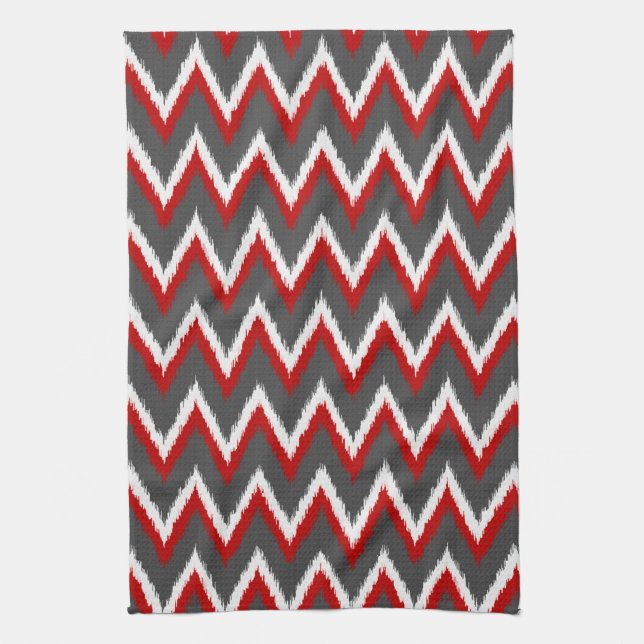 Ikat Chevron Stripes - Red, White and Grey / Grey Tea Towel (Vertical)