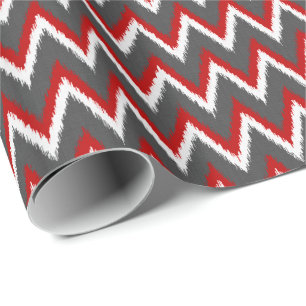 Ikat Chevron Stripes - Red, White and Grey / Grey Wrapping Paper