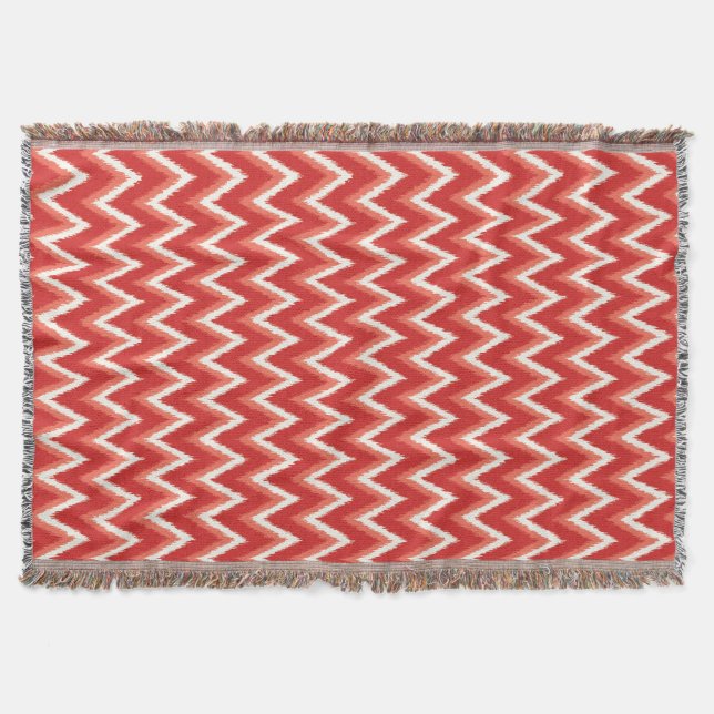 Ikat Chevron Stripes - Rust Orange and White Throw Blanket (Front)
