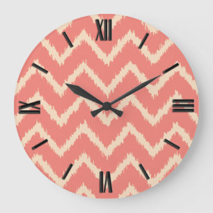 Ikat Chevrons - Coral orange and peach Large Clock