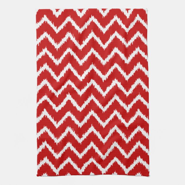 Ikat Chevrons - Deep red and white Tea Towel (Vertical)