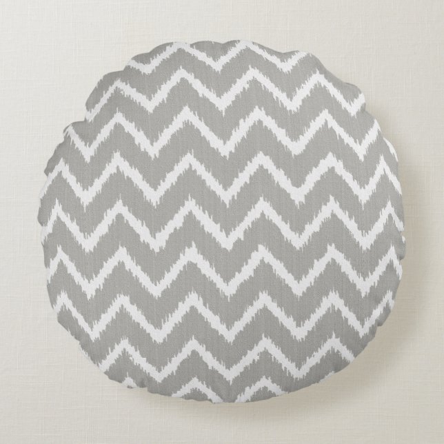 Ikat Chevrons - Silver grey and white Round Cushion (Front)