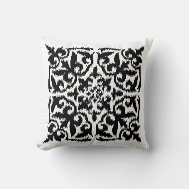 Ikat damask pattern - black and white cushion (Front)