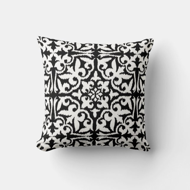 Ikat damask pattern - Black and White Cushion (Front)
