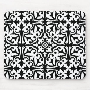 Ikat damask pattern - Black and White Mouse Pad