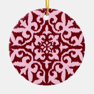 Ikat damask pattern - Burgundy and Pink Ceramic Tree Decoration