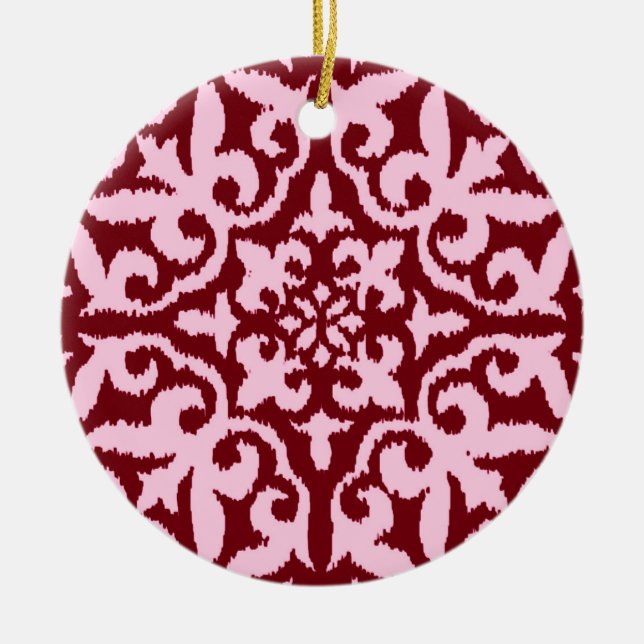 Ikat damask pattern - Burgundy and Pink Ceramic Tree Decoration (Front)