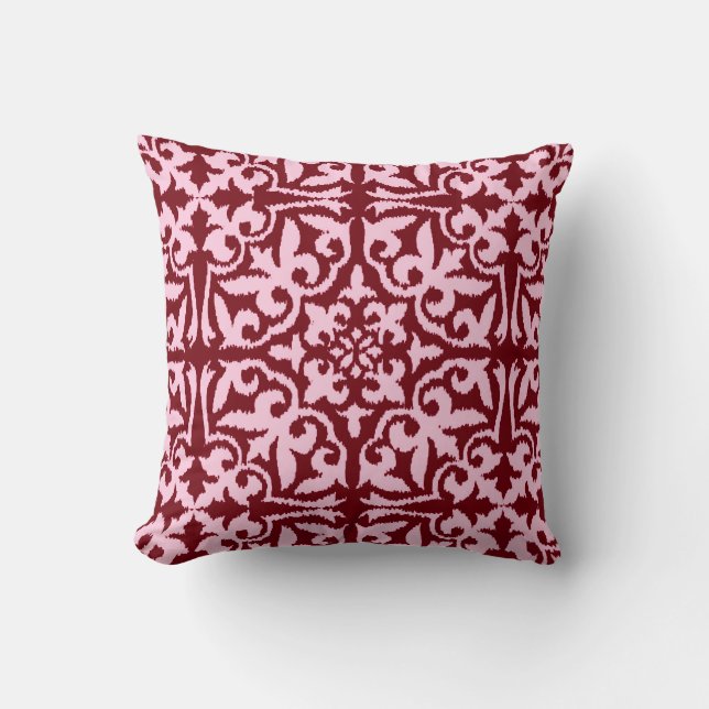 Ikat damask pattern - Burgundy and Pink Cushion (Front)