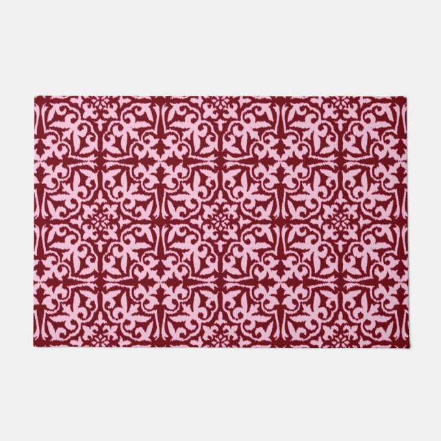 Ikat Damask Pattern, Burgundy and Pink Doormat (Front)