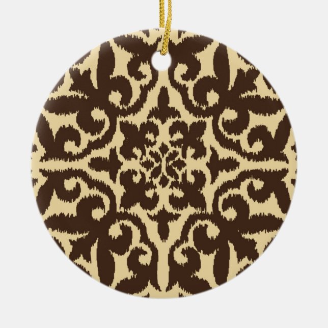 Ikat damask pattern - Chocolate Brown and Tan Ceramic Tree Decoration (Front)