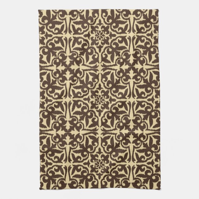Ikat damask pattern - Chocolate Brown and Tan Tea Towel (Vertical)