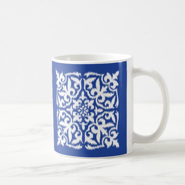 Ikat damask pattern - cobalt blue and white coffee mug (Right)