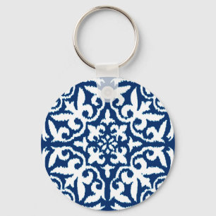 Ikat damask pattern - Cobalt Blue and White Key Ring