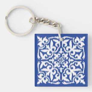 Ikat damask pattern - cobalt blue and white key ring