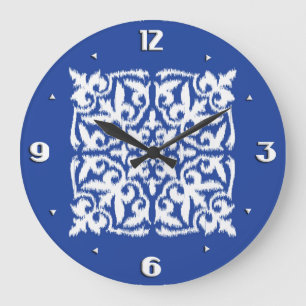 Ikat damask pattern - cobalt blue and white large clock