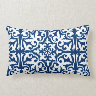 Ikat damask pattern - Cobalt Blue and White Lumbar Cushion