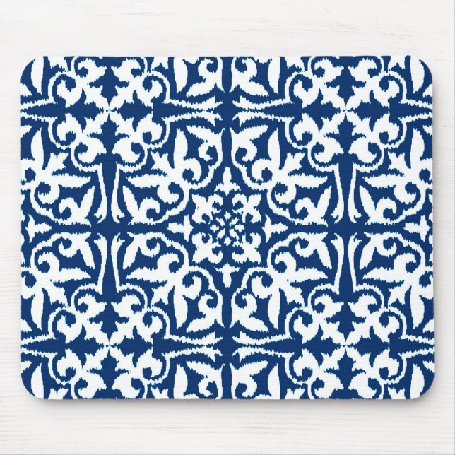 Ikat damask pattern - Cobalt Blue and White Mouse Pad (Front)