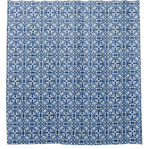 Ikat damask pattern - Cobalt Blue and White Shower Curtain