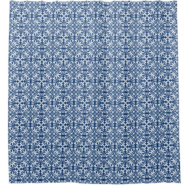 Ikat damask pattern - Cobalt Blue and White Shower Curtain (Front)