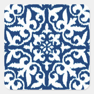 Ikat damask pattern - Cobalt Blue and White Square Sticker