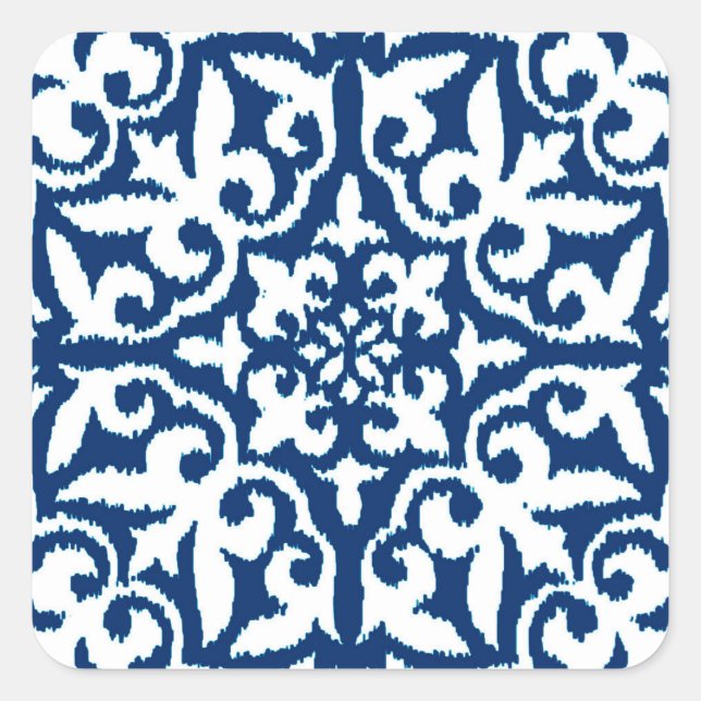 Ikat damask pattern - Cobalt Blue and White Square Sticker (Front)