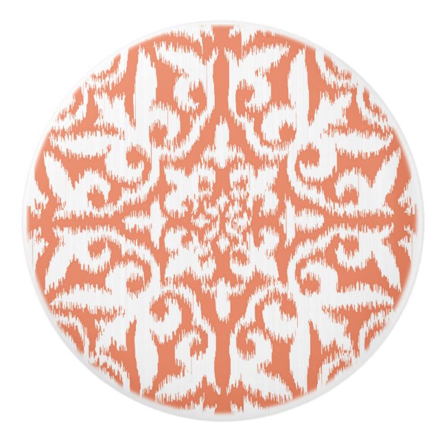 Ikat damask pattern - coral orange and white ceramic knob (Front)