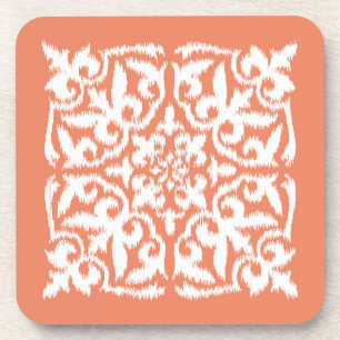 Ikat damask pattern - coral orange and white coaster