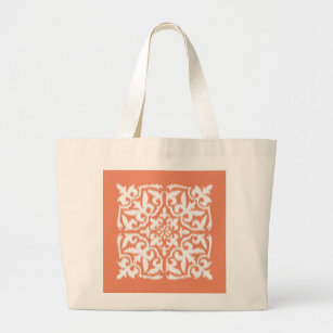 Ikat damask pattern - coral orange and white large tote bag