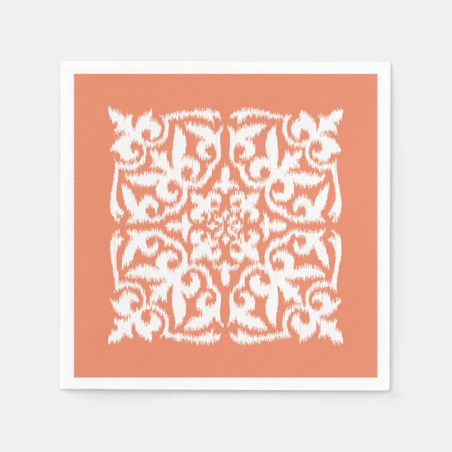 Ikat damask pattern - coral orange and white napkin (Front)