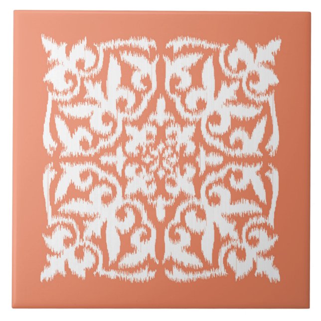 Ikat damask pattern - coral orange and white tile (Front)