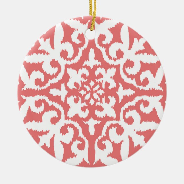 Ikat damask pattern - Coral Pink and White Ceramic Tree Decoration (Front)
