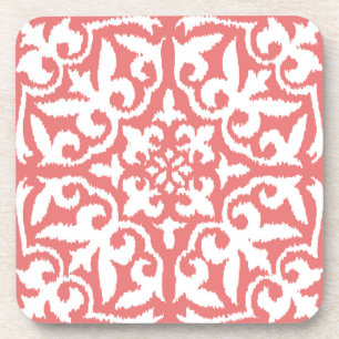 Ikat damask pattern - Coral Pink and White Coaster