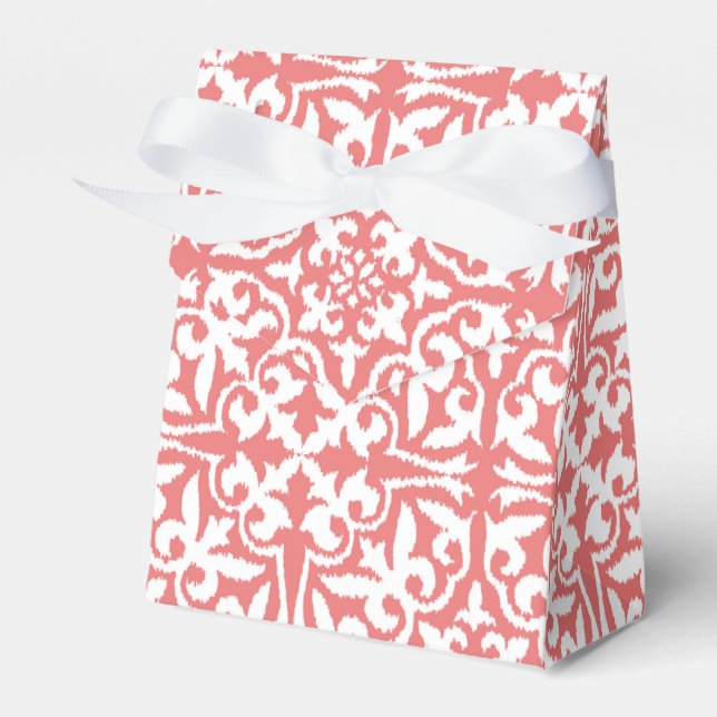 Ikat damask pattern - Coral Pink and White Favour Box (Front Side)