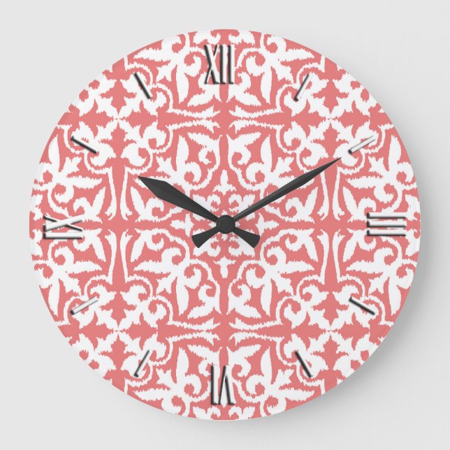 Ikat damask pattern - Coral Pink and White Large Clock (Front)