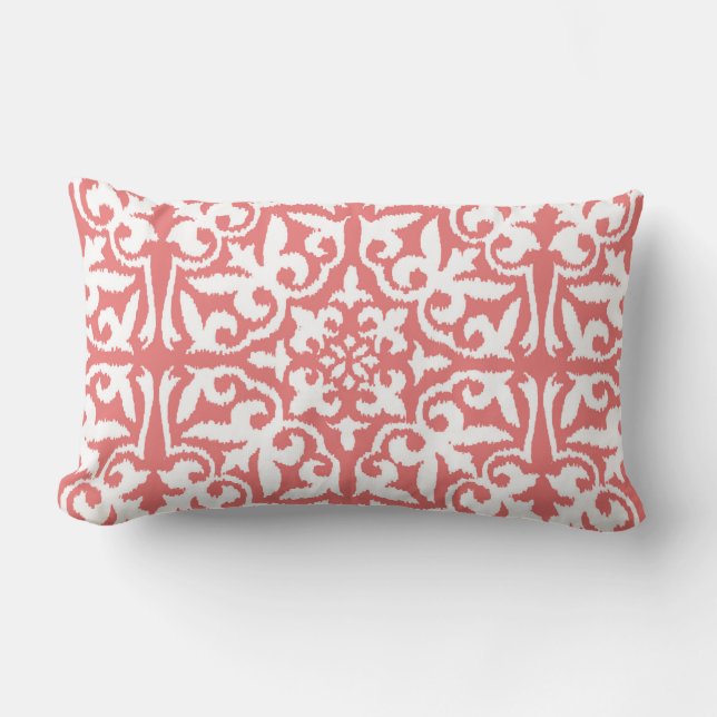 Ikat damask pattern - Coral Pink and White Lumbar Cushion (Front)