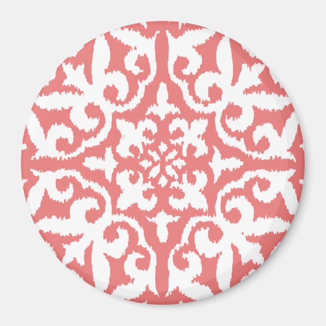 Ikat damask pattern - Coral Pink and White Magnet (Front)