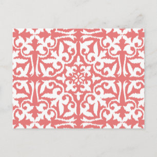 Ikat damask pattern - Coral Pink and White Postcard