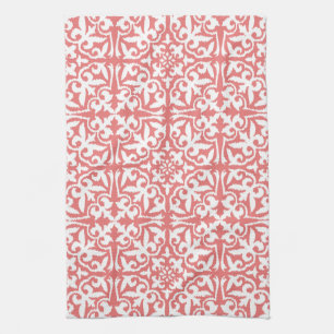 Ikat damask pattern - Coral Pink and White Tea Towel