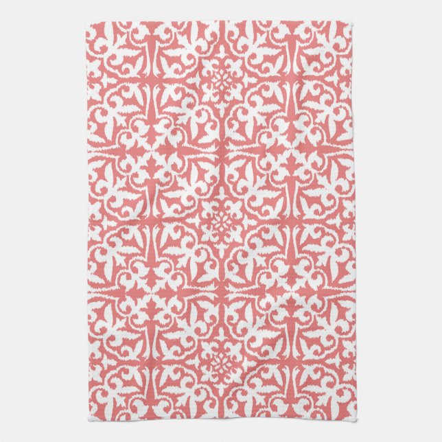 Ikat damask pattern - Coral Pink and White Tea Towel (Vertical)