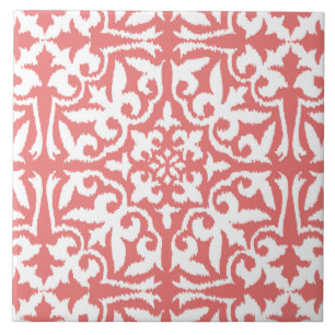 Ikat damask pattern - Coral Pink and White Tile