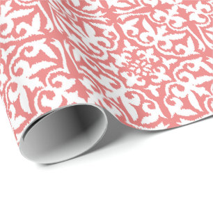 Ikat damask pattern - Coral Pink and White Wrapping Paper