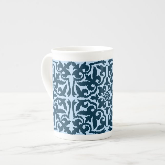 Ikat damask pattern - Dark Indigo and Light Blue Bone China Mug (Front Left)