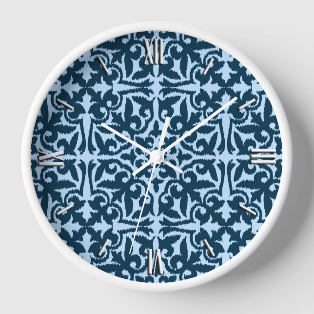 Ikat damask pattern - Dark Indigo and Light Blue Clock (Front)