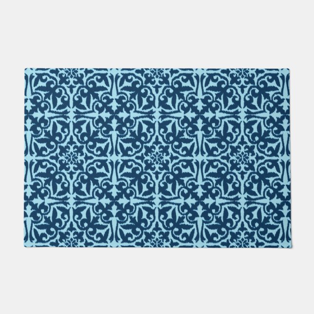 Ikat Damask Pattern, Dark Indigo and Light Blue Doormat (Front)