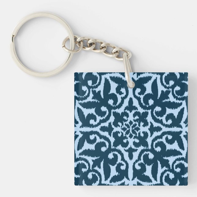Ikat damask pattern - Dark Indigo and Light Blue Key Ring (Front)